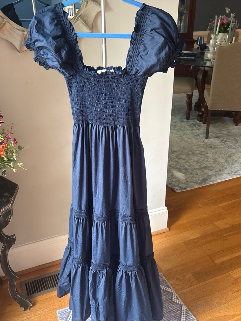 Tory Burch Smocked Puff-Sleeve Maxi Dress in Navy - Picture 11 of 11
